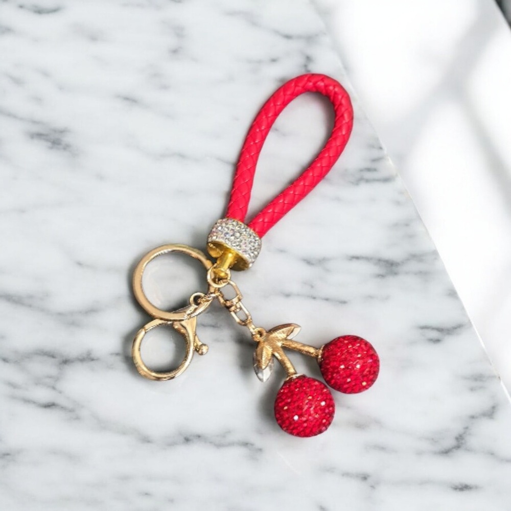 Sparkling Cherry Keychain Red Braided Strap Rhinestone Charm Gold Tone Accessory